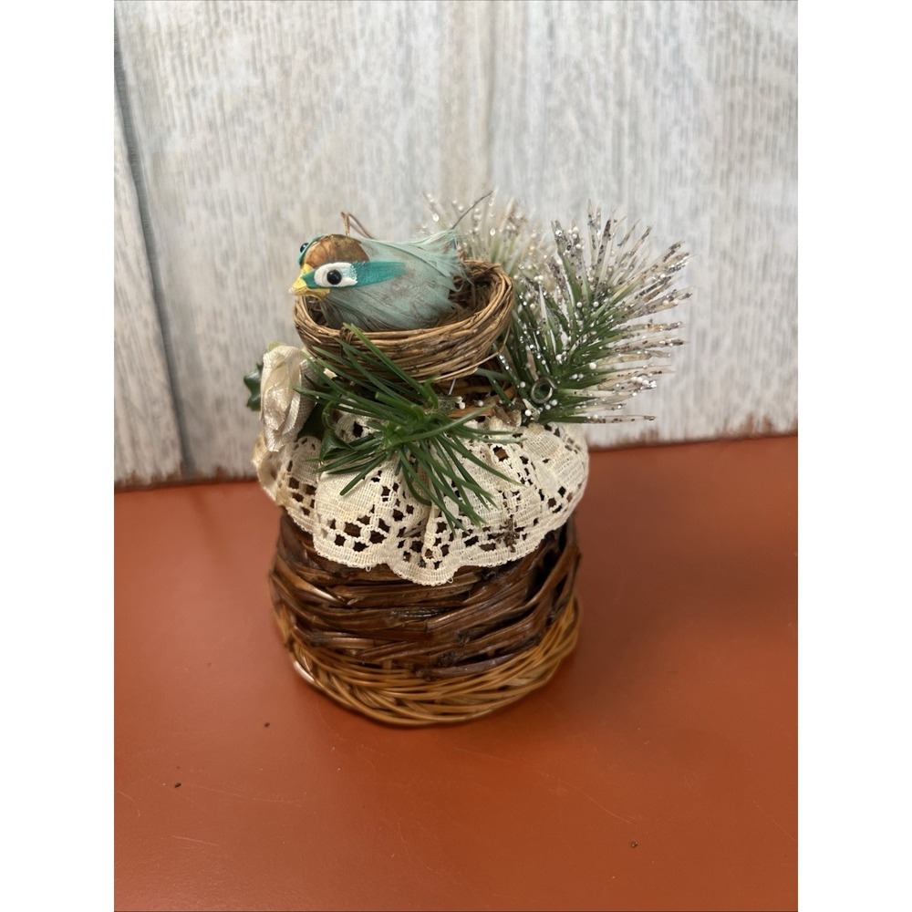 Vintage Blue Bird Christmas Tree Ornament In Nest W‎ Flower lace sparkly rustic